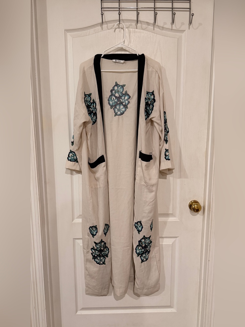 Embroidered White Long Robe with Black Trim